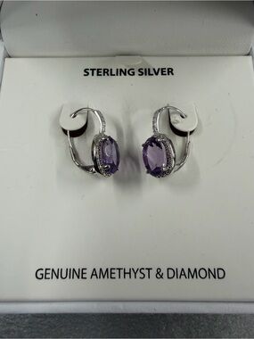 Macy's Sterling Silver Amethyst and Diamond Hoop Earrings - Purple